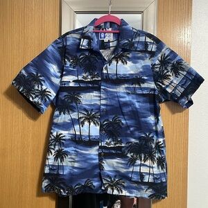RJC LTD Hawaiian Shirt size XL short sleeve chest pocket palm trees beach blue
